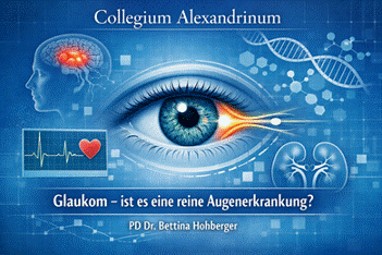 Wissenschaftlich-grafisches Vortragsbild im FAU-Stil ohne Logo, oben Collegium Alexandrinum, unten Titel Glaukom � ist es eine reine Augenerkrankung? und PD Dr. Bettina Hohberger